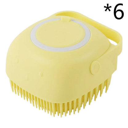 Premium silicone pet grooming brush with soft bristles, shampoo reservoir, and ergonomic handle for gentle, effective pet bathing and massage