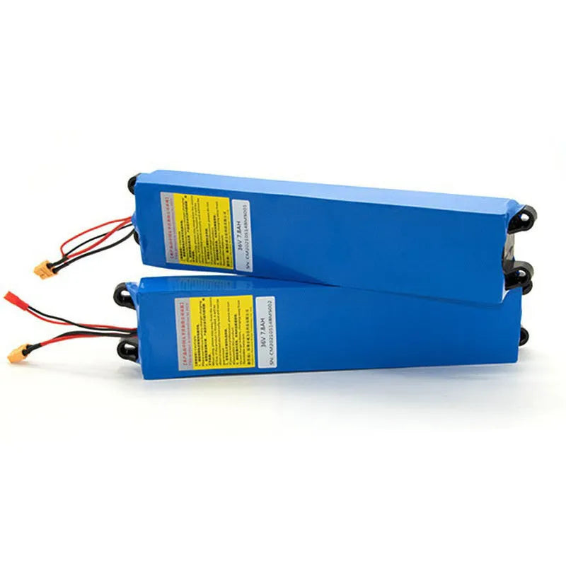 Black 36V lithium-ion electric scooter battery pack showing three capacity options: 6.6Ah, 7.8Ah, and 10.4Ah.
