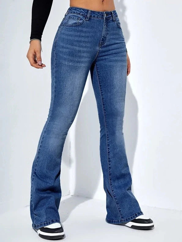 Women's slim-fit flared jeans in high waist stretch cotton, available in blue, light blue, and black.