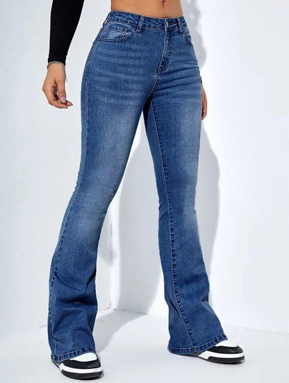 Women's slim-fit flared jeans in high waist stretch cotton, available in blue, light blue, and black.