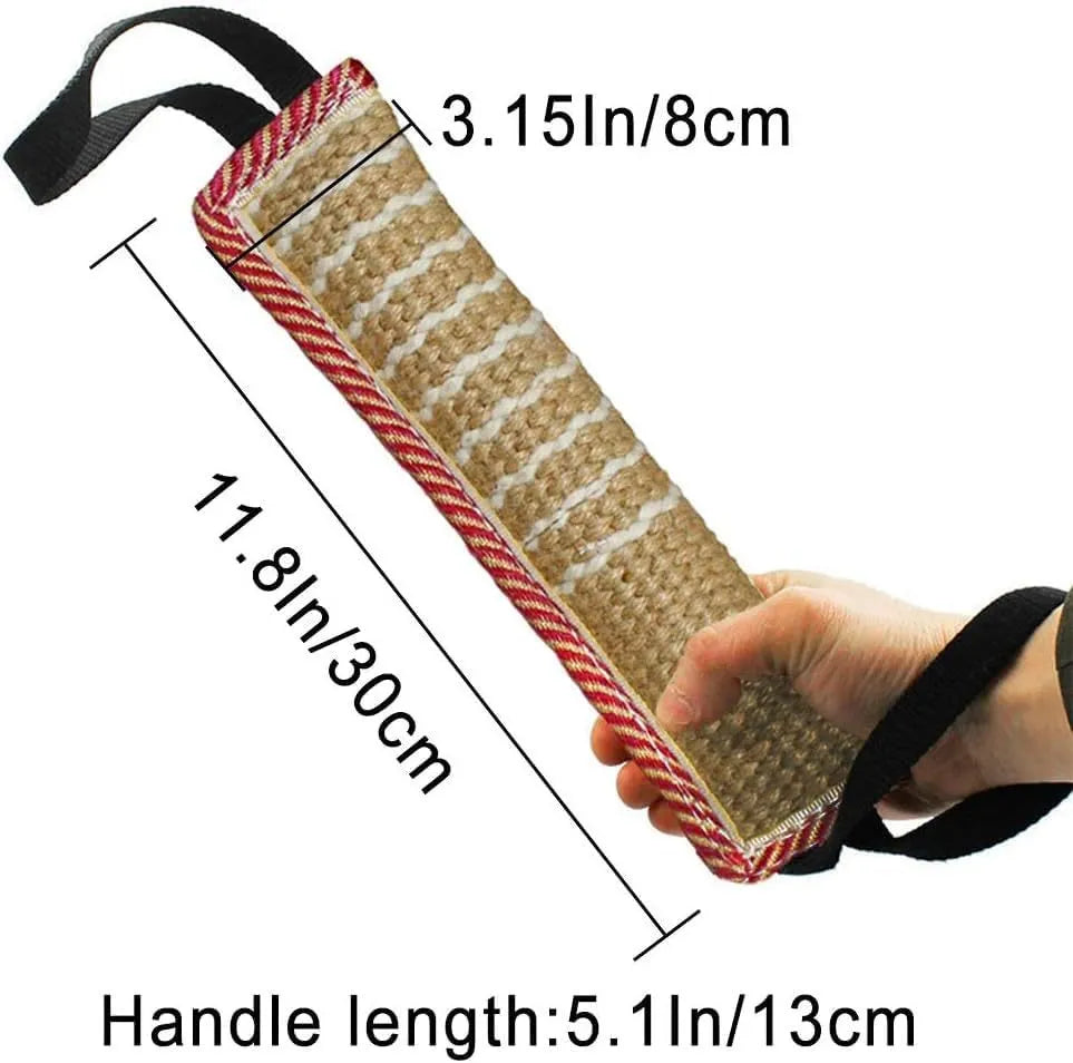 Beige jute dog tug toy with two fabric handles for interactive tug-of-war games.
