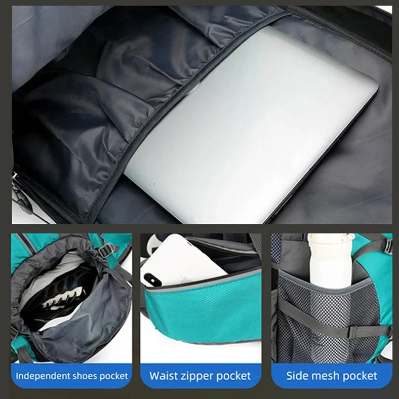 50-litre fishing backpack with 20 compartments for organised gear storage, featuring a separate shoe compartment and waterproof 600D polyester construction for outdoor activities