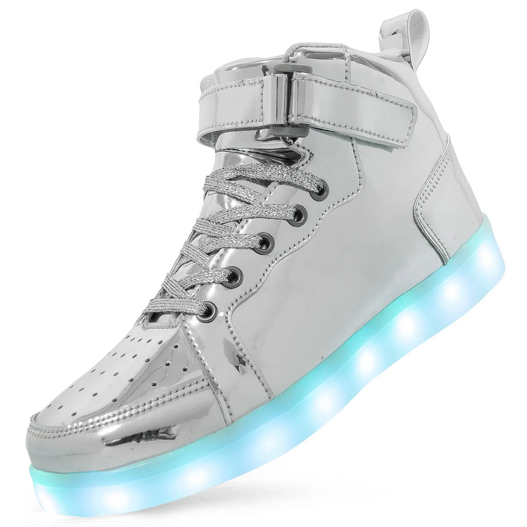 LED light-up high-top board shoes with Velcro strap in black, gold, or white on rubber sole