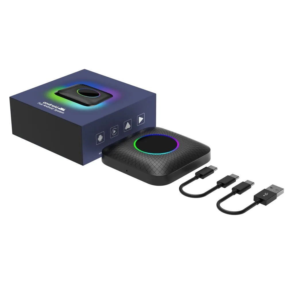 Compact square wireless CarPlay adapter box for cars with factory wired CarPlay systems.