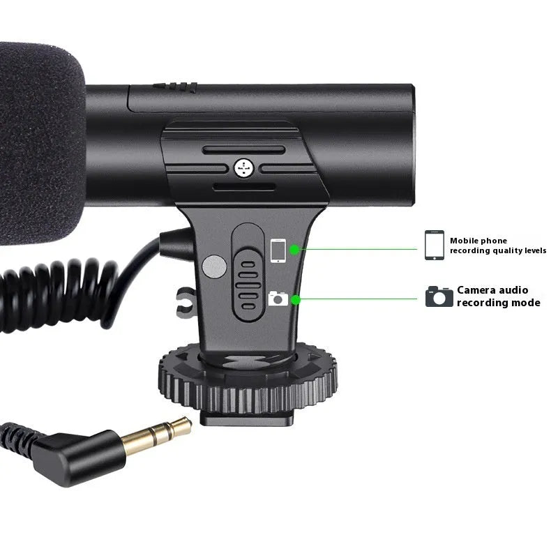 Black cardioid condenser microphone with 3.5mm TRRS plug for smartphone video recording.