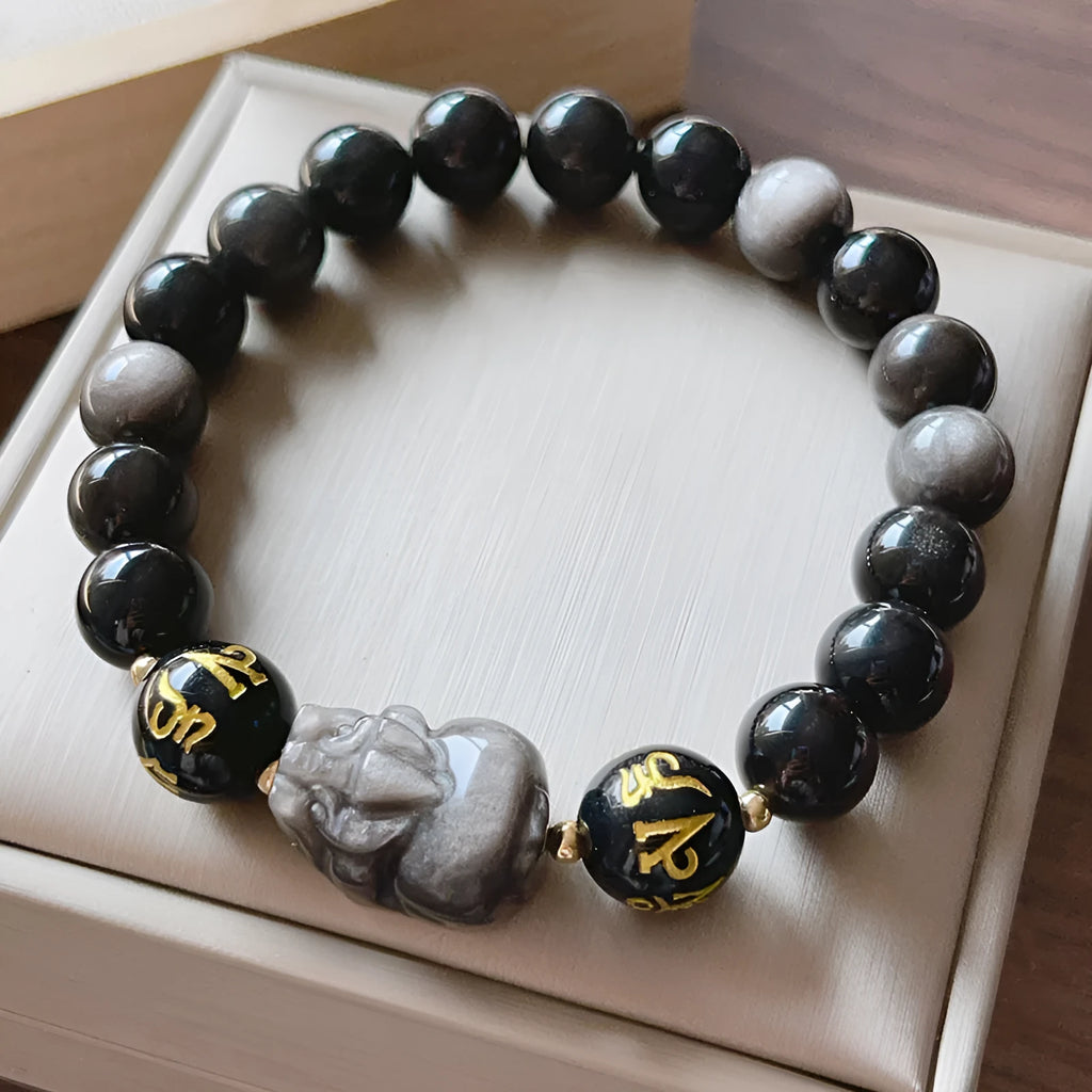 Men's silver stone bracelet with zodiac symbols and Chinese proverbs on black background