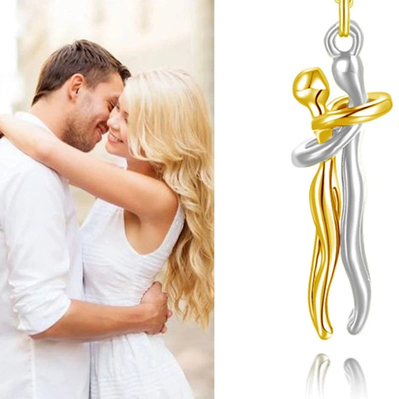 Affectionate Hug Necklace for couples, brass pendant with snake bone chain