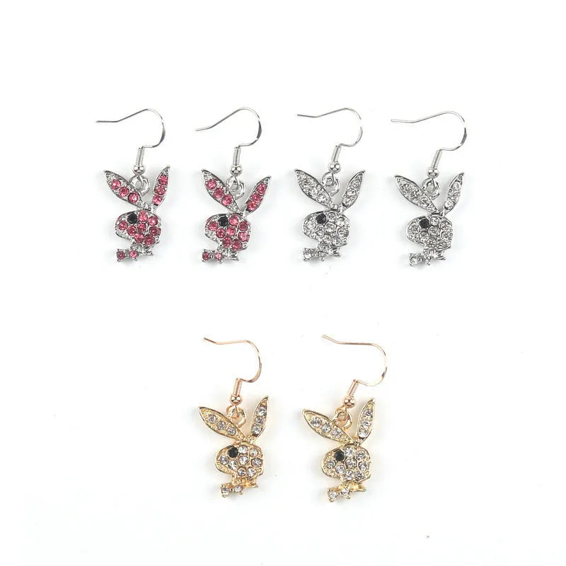 Gold, pink and silver full diamond rabbit stud earrings for women.