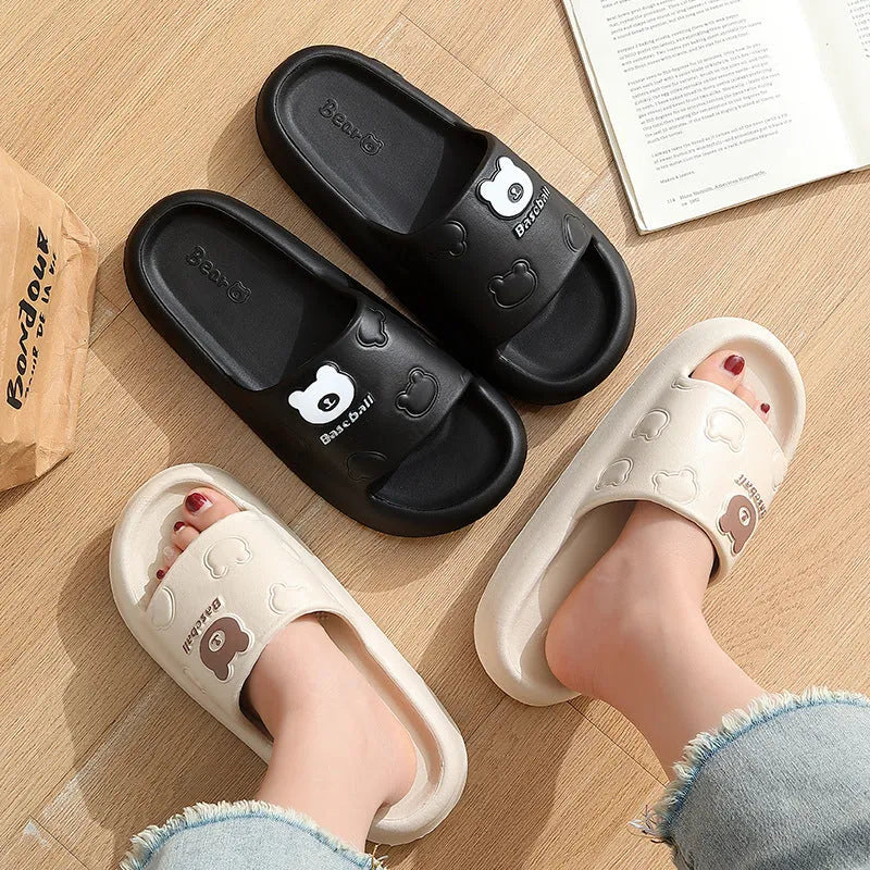 Cute cartoon bear slippers for women and men, EVA non-slip sole, thick cushion, breathable indoor house shoes