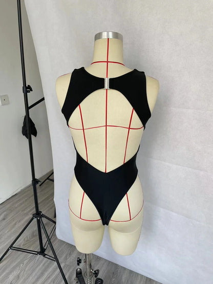 Black solid colour one-piece swimsuit for women with polyester fabric construction