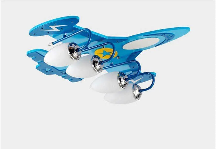 Children's cartoon airplane ceiling light with wood art construction and rectangular glass shade