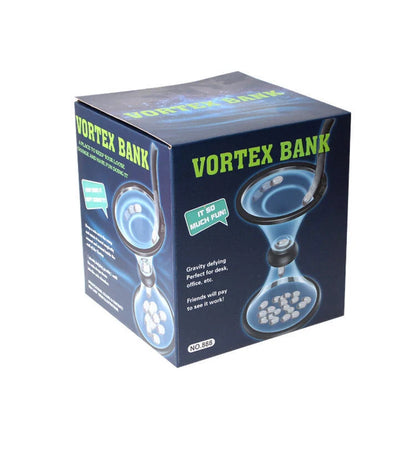 Transparent vortex piggy bank with coins spiraling down