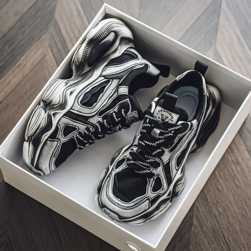 Men's black mesh platform sneakers with lace-up front and rubber sole for sports