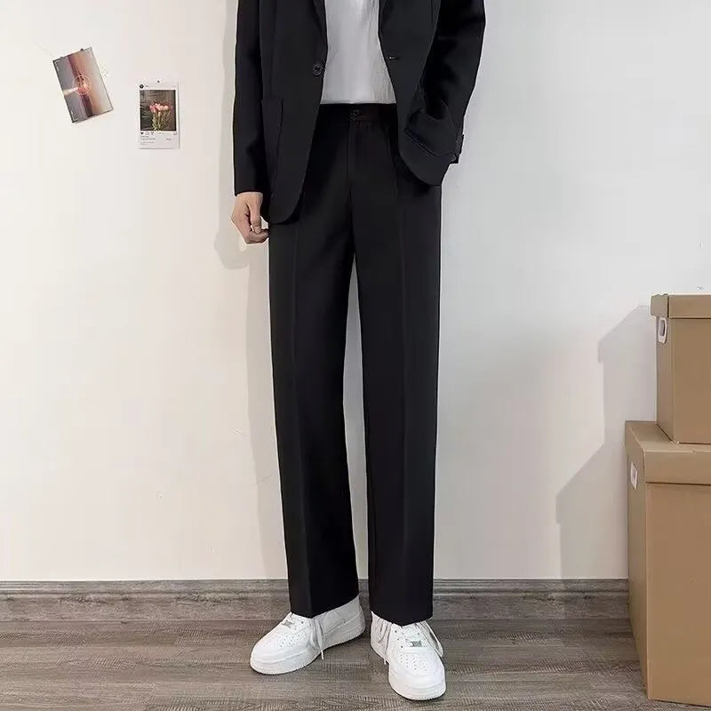 Plus size men's college style blazer and trousers suit set with white shirt and tie on hanger