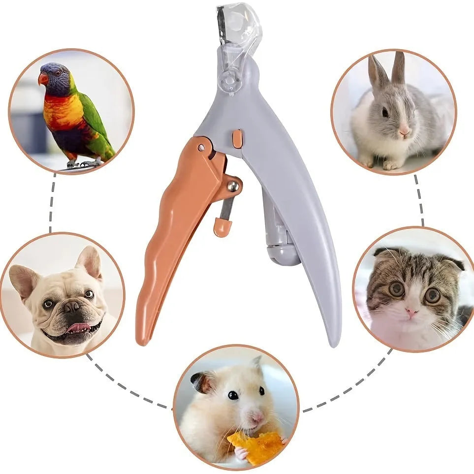 Yellow LED pet nail trimmer with magnifying glass and hardened steel blades for cats and dogs.