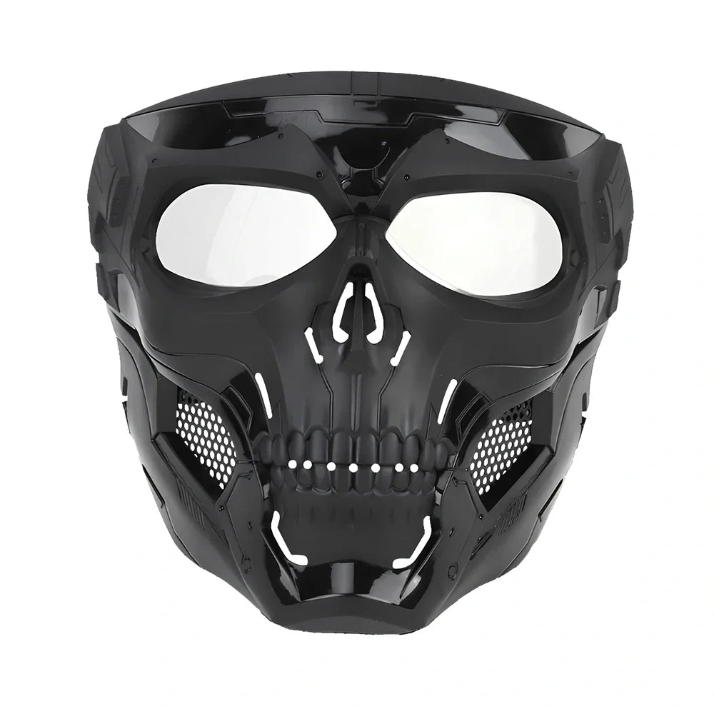 Black skull horror helmet mask 19x18cm with transparent PC goggles and adjustable bands for airsoft protection