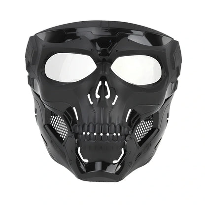 Black skull horror helmet mask 19x18cm with transparent PC goggles and adjustable bands for airsoft protection