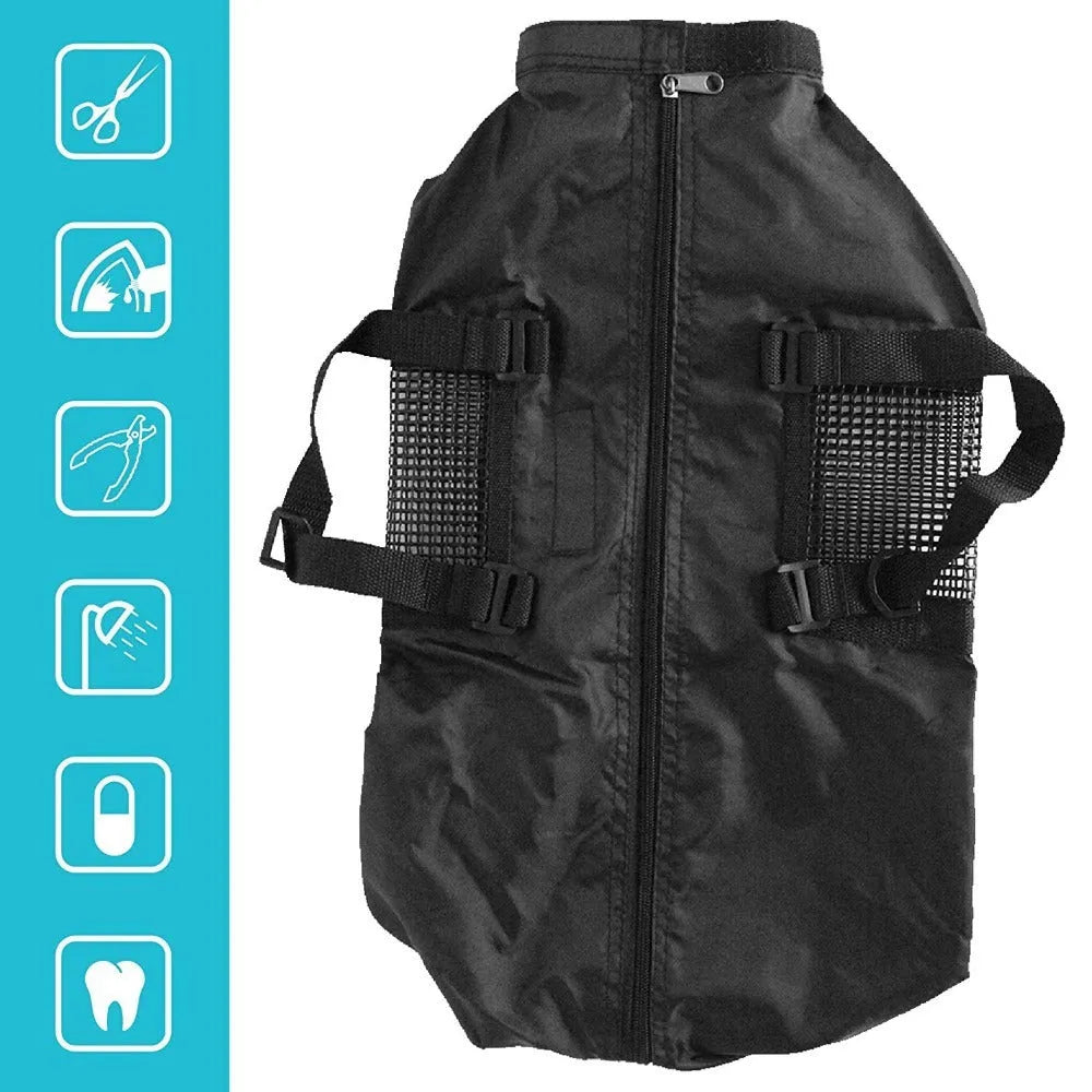 Black cat bath bag for grooming and veterinary care with folding capability