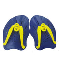 A pair of webbed swimming training hand paddles for freestyle stroke, shown in various colours.