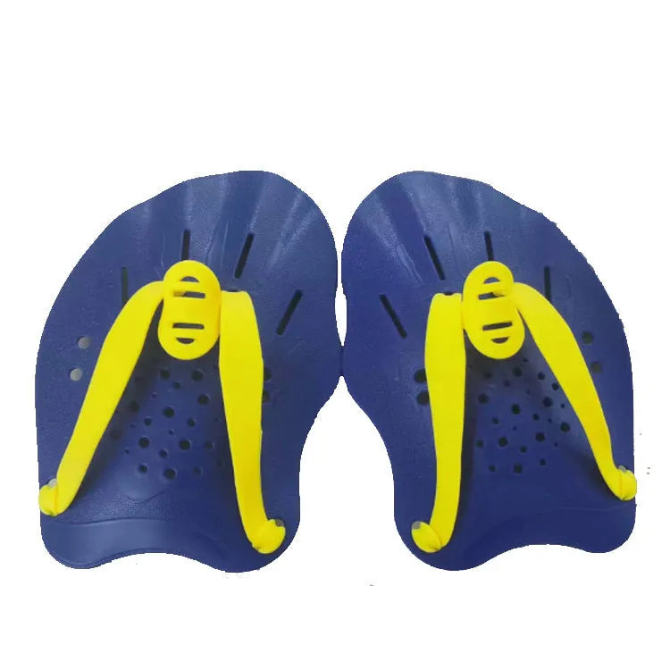 A pair of webbed swimming training hand paddles for freestyle stroke, shown in various colours.