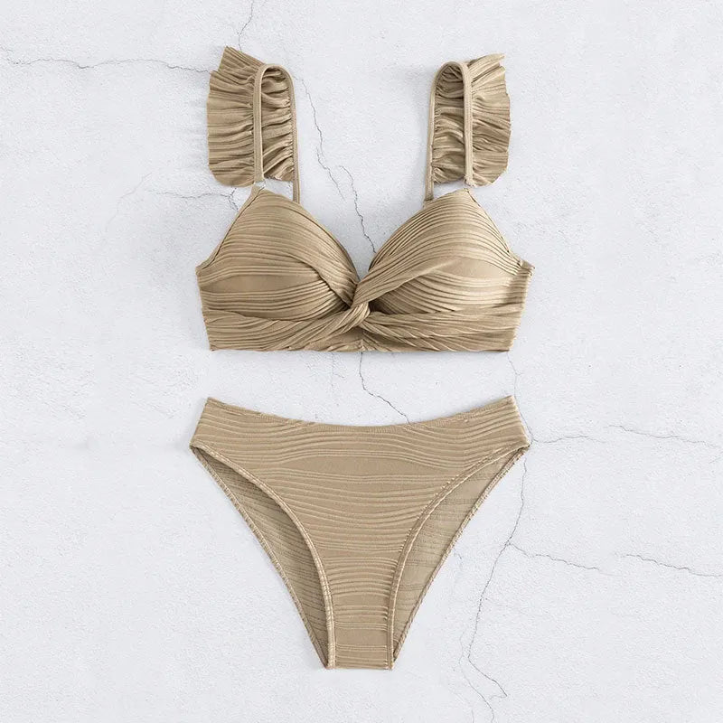 Women's solid colour bikini swimsuit set in black or khaki with two-piece design