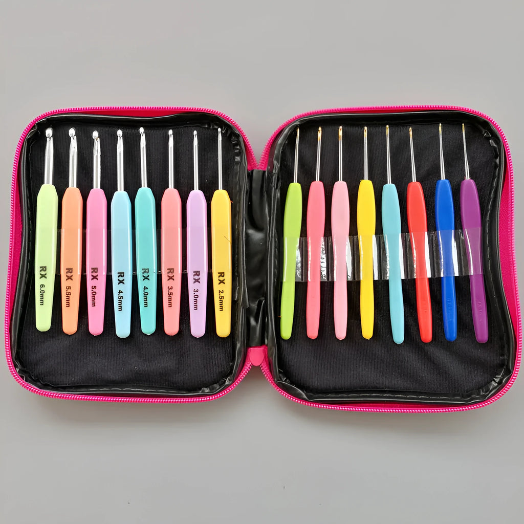 Complete 16-piece crochet hook set with soft and hard handles in a PU storage bag