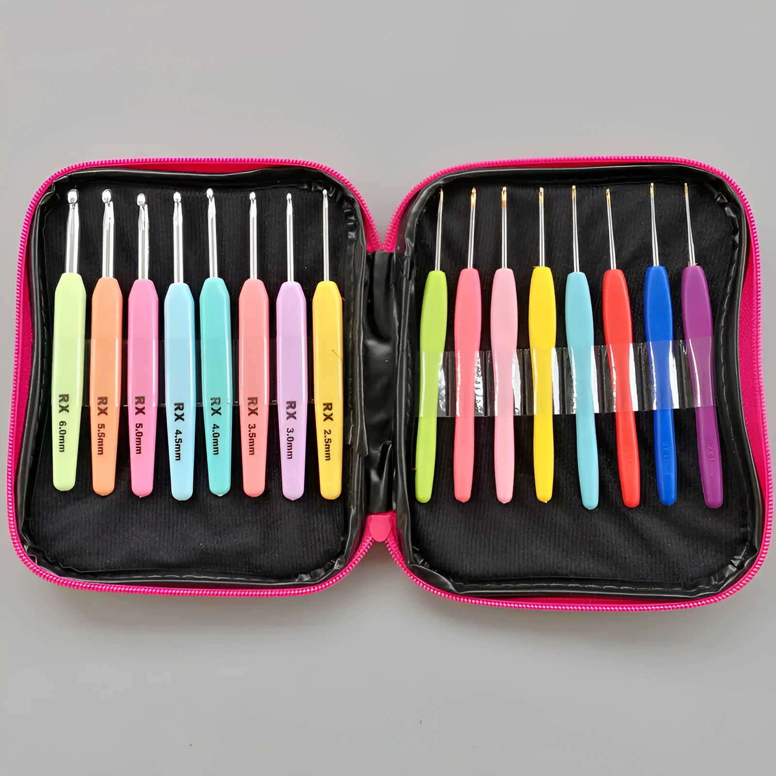 Complete 16-piece crochet hook set with soft and hard handles in a PU storage bag