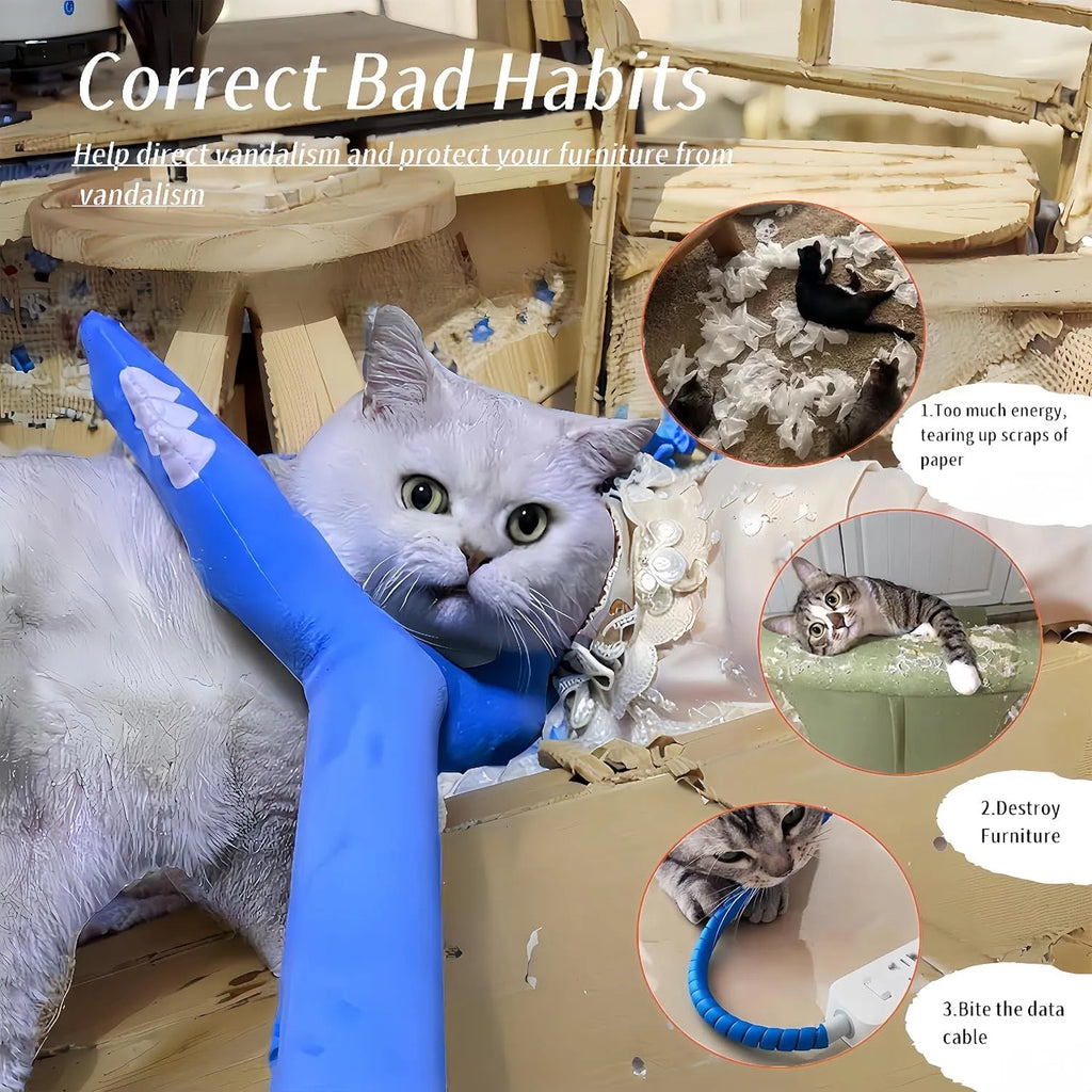 Blue plush cat wand toy with foam filling measuring 70cm length for indoor cat play