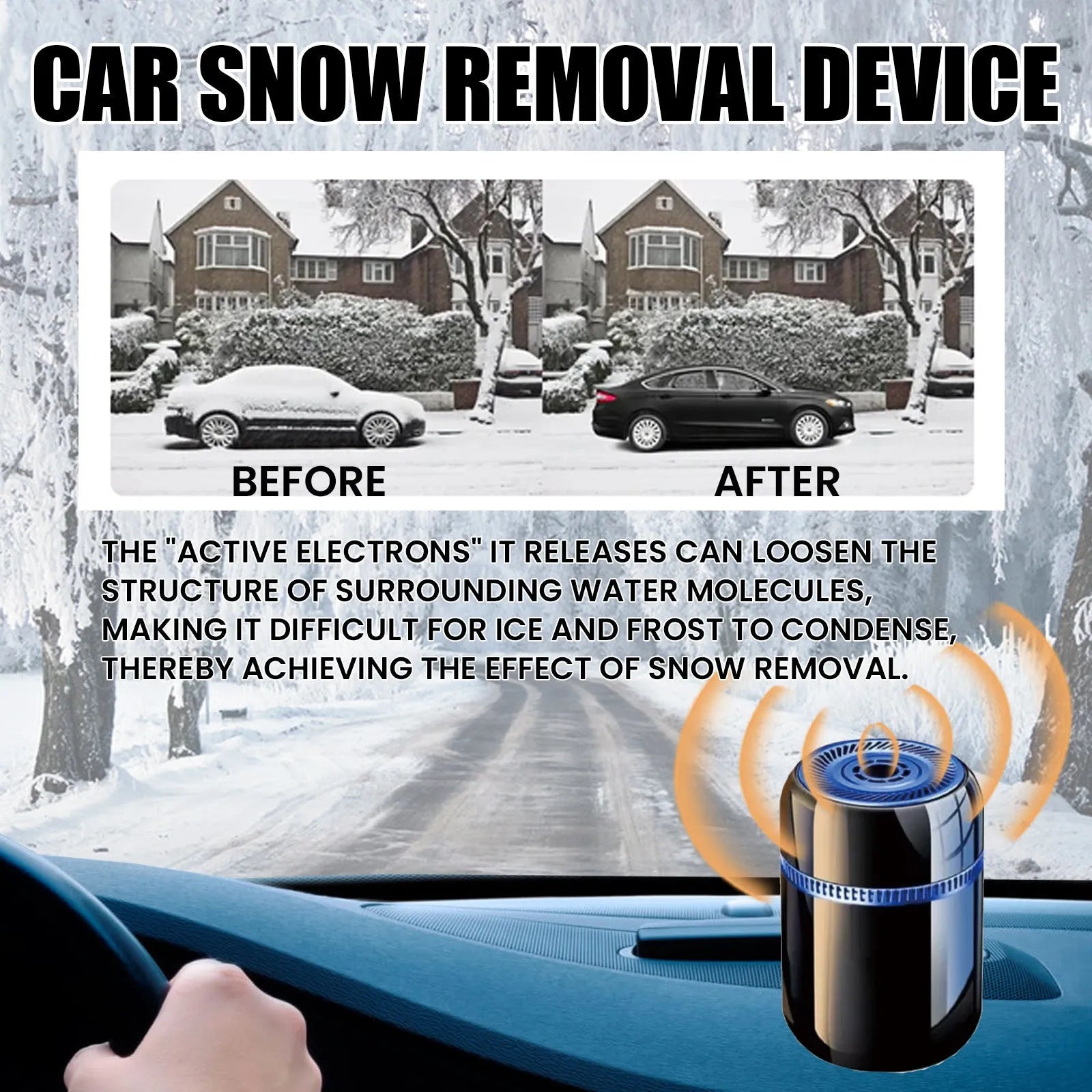Compact portable electric car windscreen de-icing tool on a stable surface.