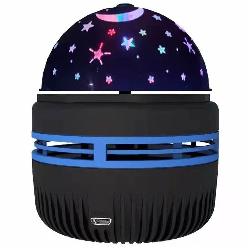 Compact USB-powered LED galaxy projector lamp with remote control on a table