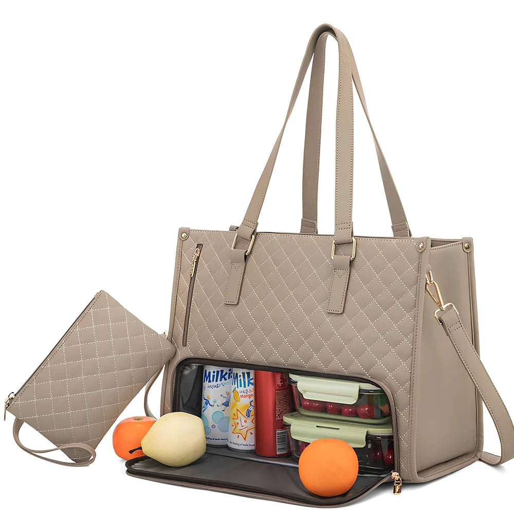 Brown women's insulated lunch bag 42x30x18cm with leak-proof lining and diagonal strap