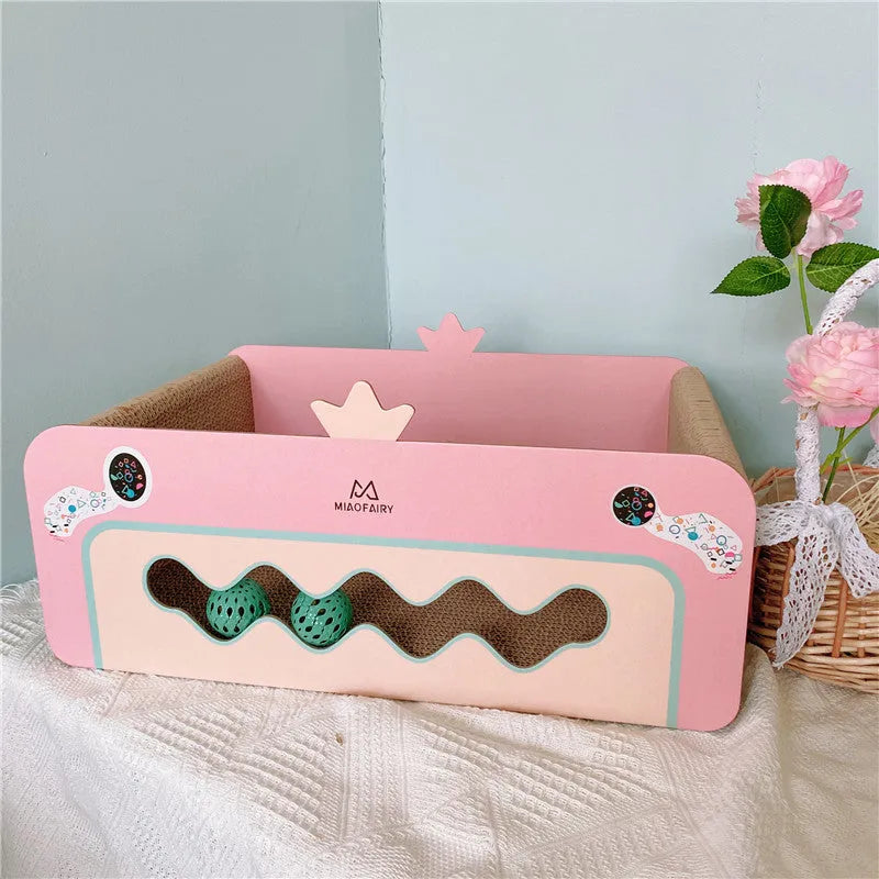 Girl's heart corrugated pink cat scratch board with ball and mat for indoor cats