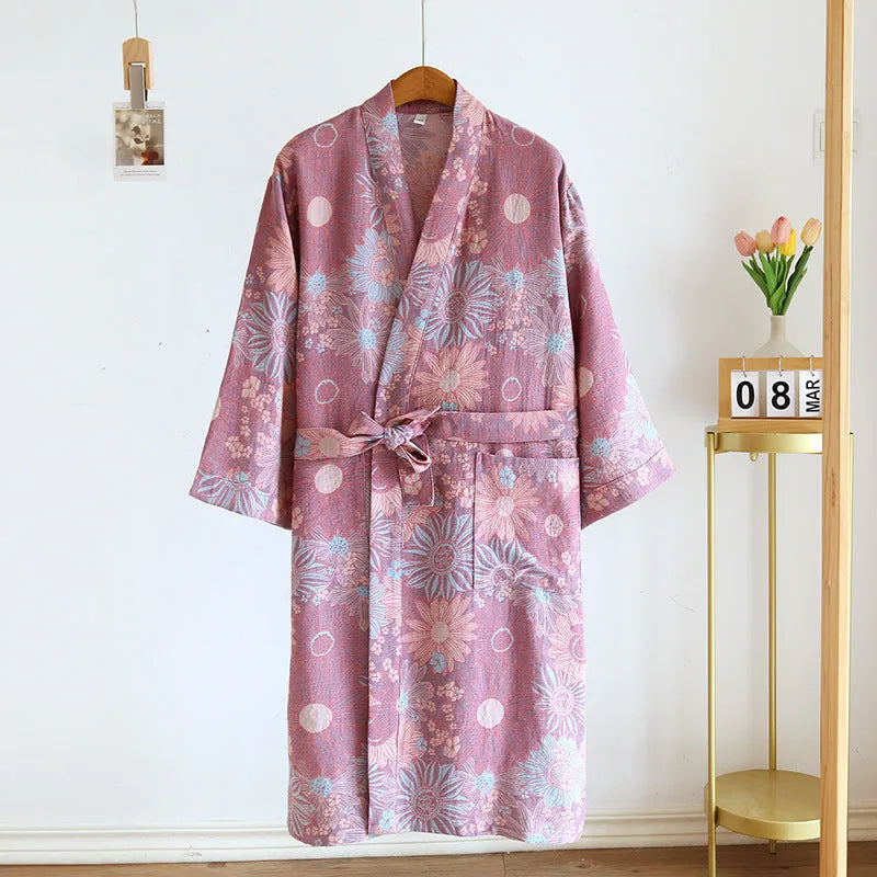 Couple cotton loose bathrobe set with lace jacquard medieval pattern in purple and blue