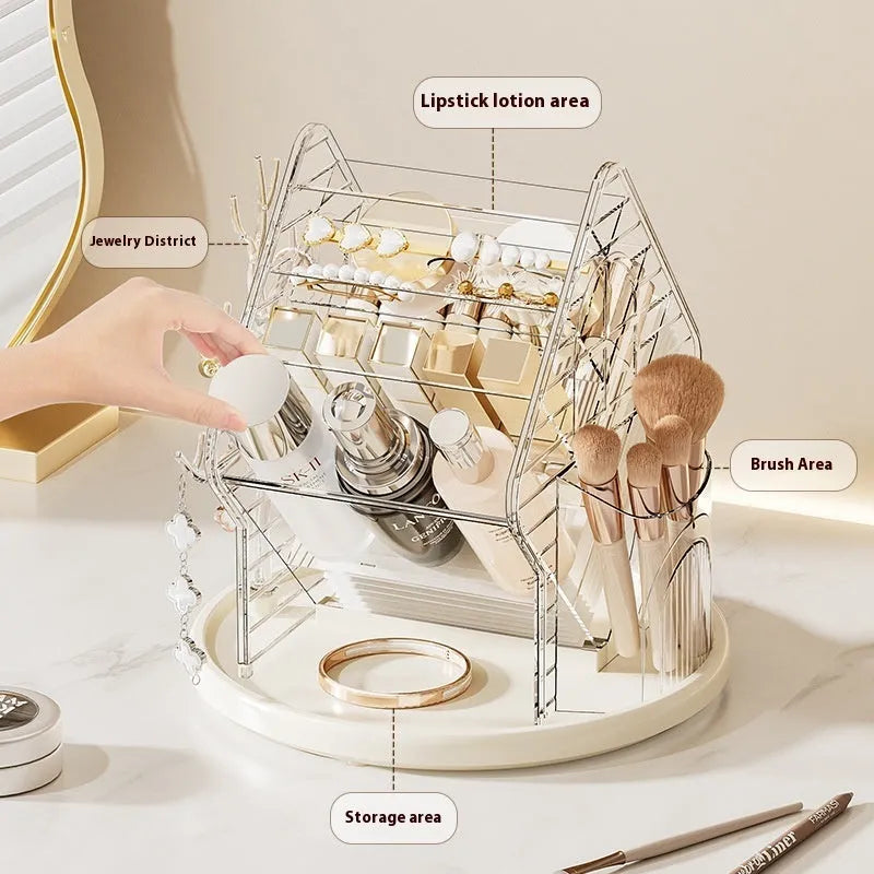 Clear and amber gold rotating plastic cosmetics storage box organiser on a vanity.