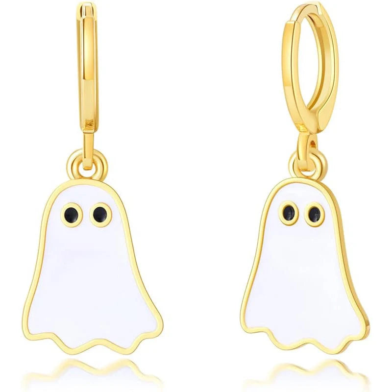 Gold ghost huggie hoop earrings for Halloween, hypoallergenic and lightweight