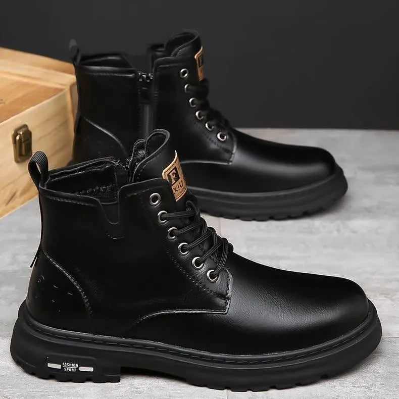 Men's black lace-up Martin boot with thick rubber sole and round toe on a neutral background.