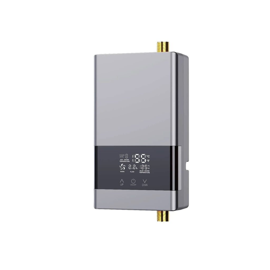 Gold instantaneous electric water heater unit with a separate white touch remote control and LED display