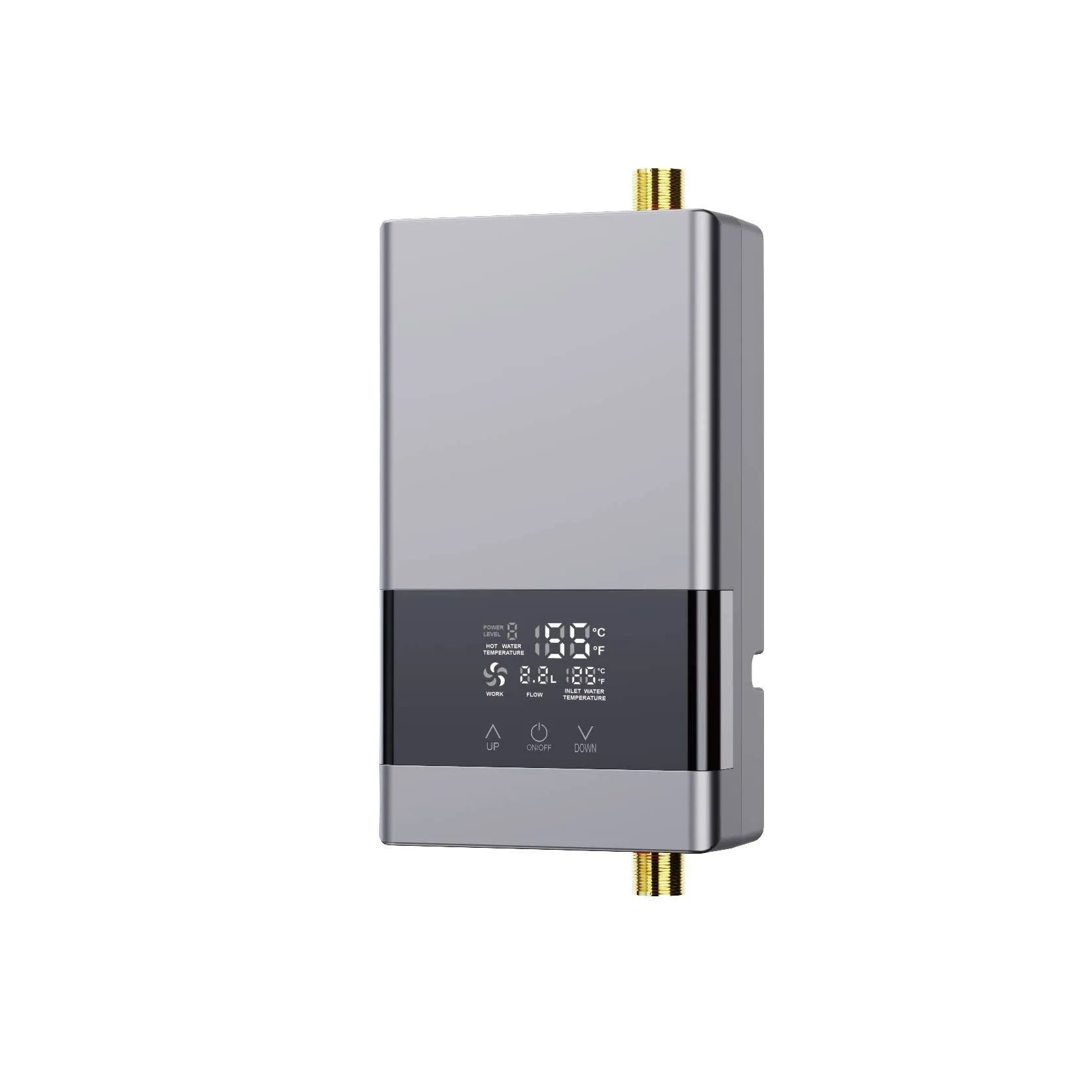 Gold instantaneous electric water heater unit with a separate white touch remote control and LED display