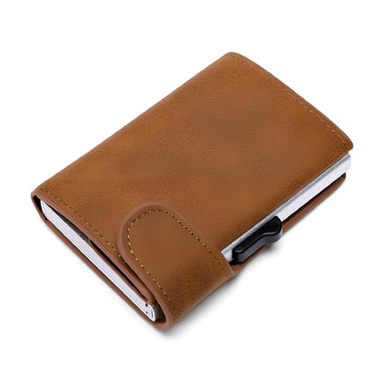 Black Crazy Horse leather aluminium card case wallet, 9.5 cm slim design with magnetic buckle and coin slot