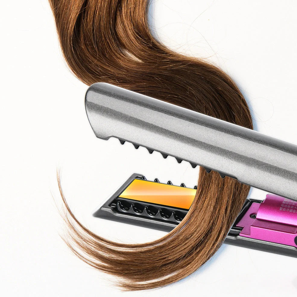 Purple USB hair straightener comb with ceramic heating plates and three temperature settings