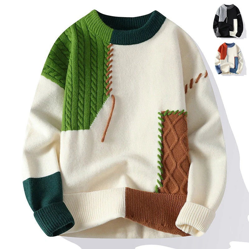 Men's Colorblock Pullover Sweater in green, orange, and grey for winter fashion