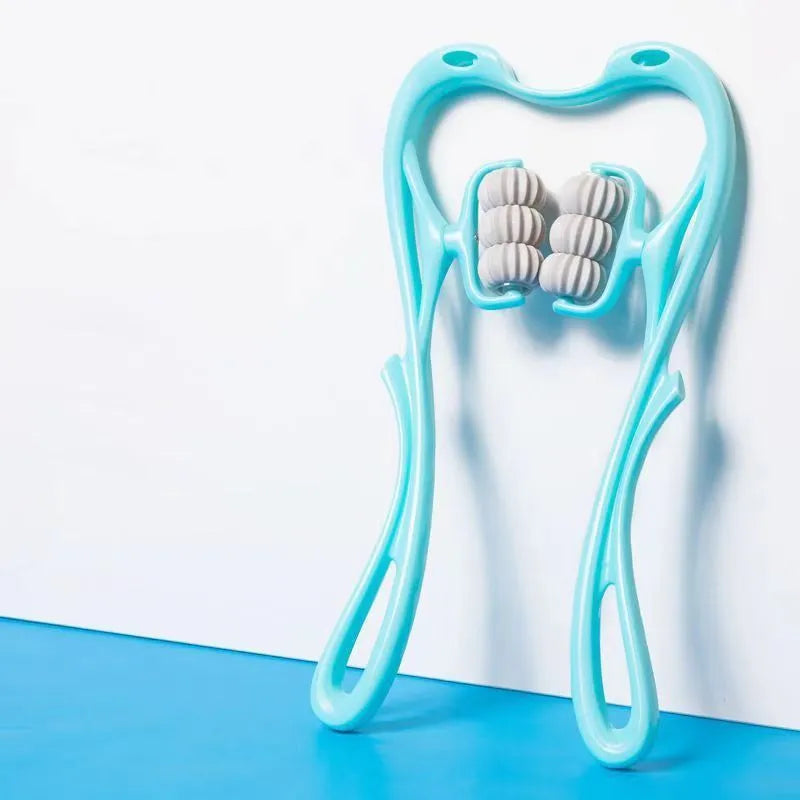 Blue plastic hand-held massager with six white wheels for neck, shoulder, and waist muscles.