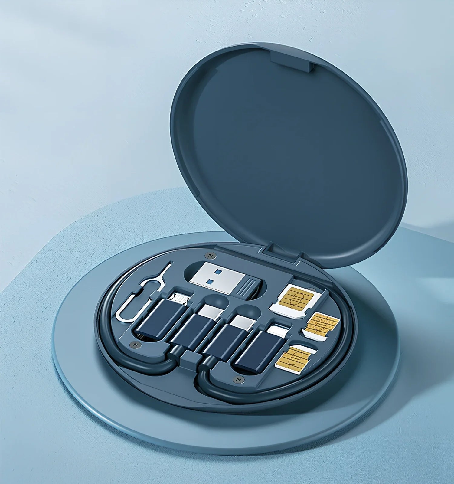 White 60W multi-function charging cable storage box with Type-C, Lightning, USB interfaces and card slots