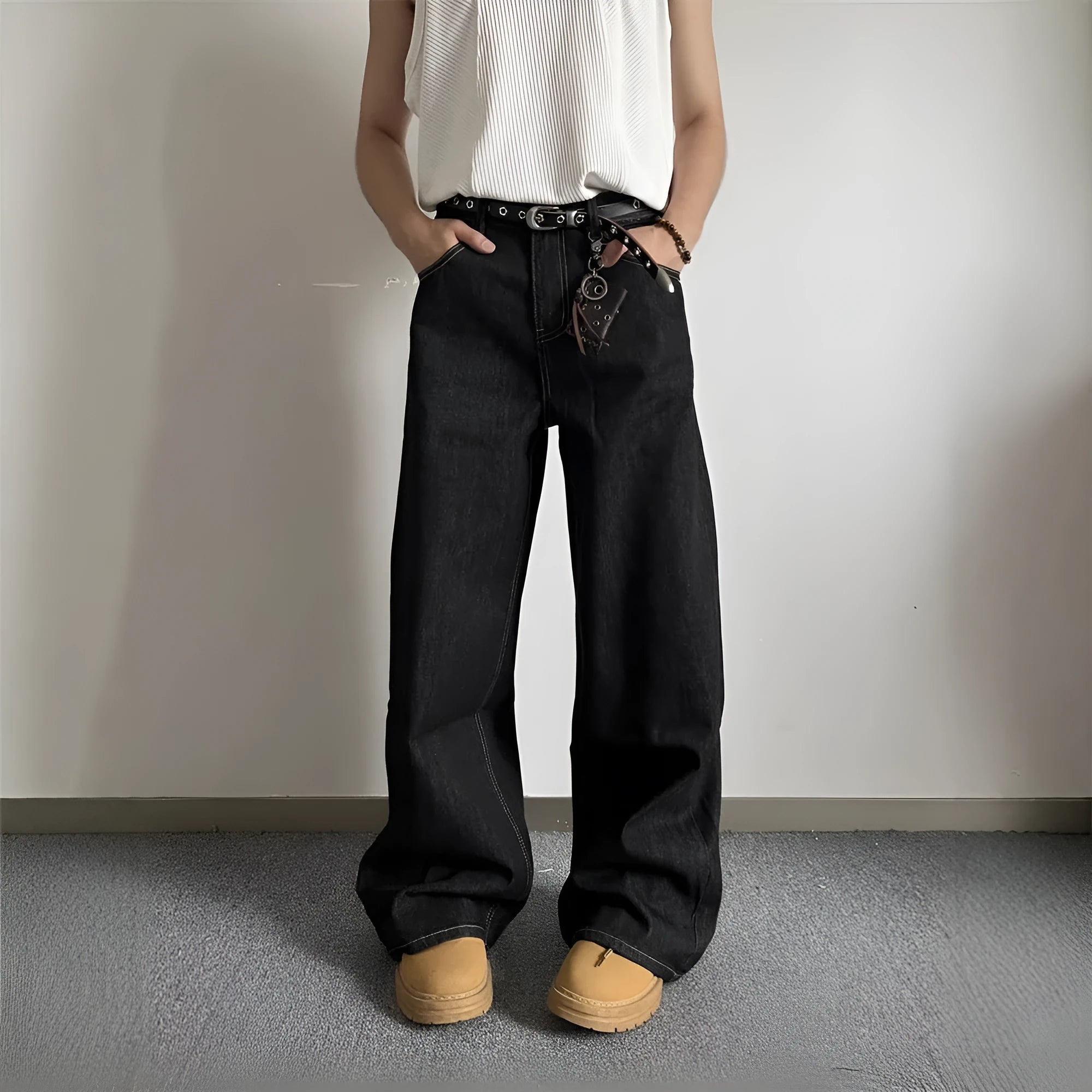 Black retro wide-leg jeans with straight-leg design and zip fly opening