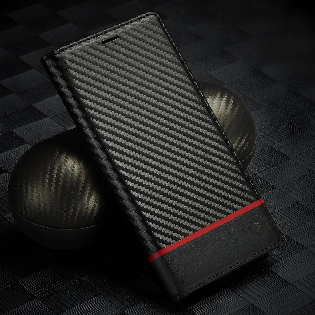 Leather carbon fiber magnetic flip phone case for iPhone 15 in horizontal colour, handmade PU TPU protective cover
