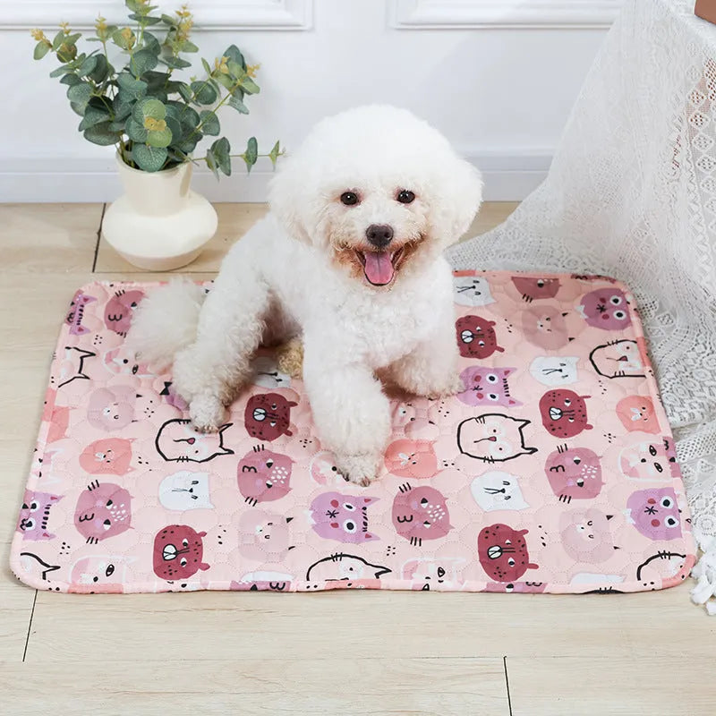Reusable waterproof pet training pad with animal print design on a wooden floor