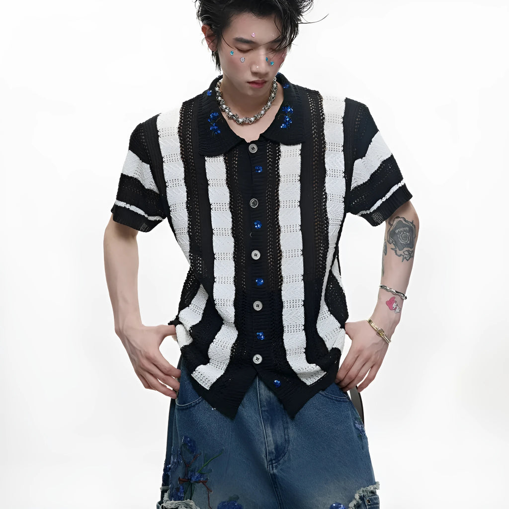 Men's retro patchwork striped knitted shirt in loose fit with short sleeves
