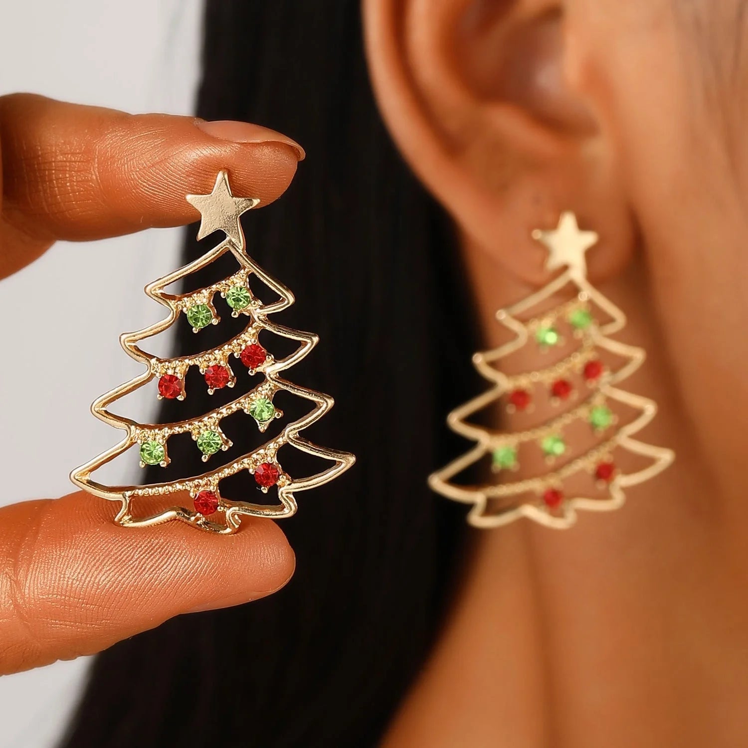 Christmas tree earrings with colourful zircon stones for women