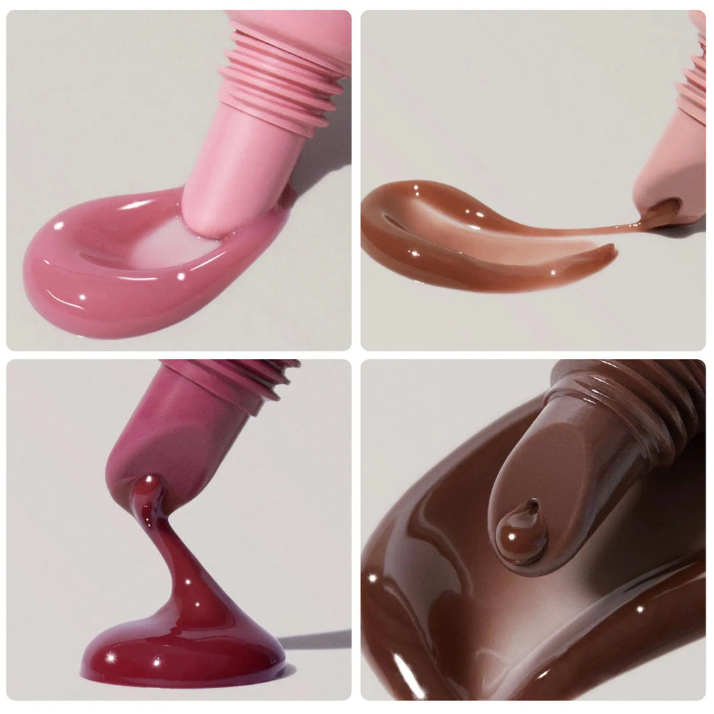 Glossy lip glaze in 10ml tube with water-resistant mirror finish, available in five colours including ribbon and espresso