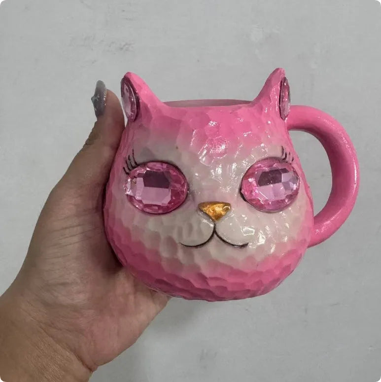 Decorative resin cat cup craft in blue, green, pink, or purple, American style.